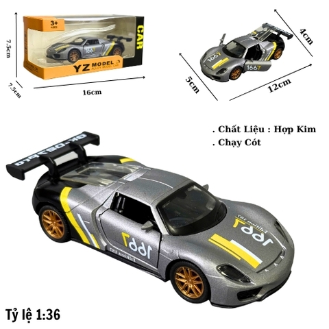 Mô Hình Xe 918 spyder porsche xám đen vạch vàng ,  tỉ lệ 1:36 Hợp kim có thể mở cửa - bánh sau chạy cót - Dài 12cm - rộng 5cm - cao 4cm - nặng : 300gram - FULL BOX : box màu SKU : oto501a - K67-T2-S10