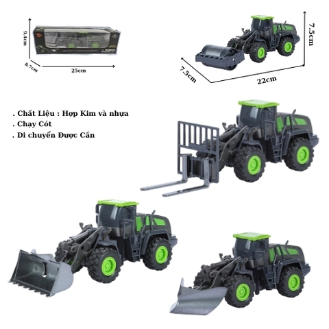Mô Hình 4 loại Xe công trình xanh đen , chất liệu hợp kim và nhựa - Dài 22cm - rộng 7.5cm - cao 7.5cm - SKU : oto-YM702804