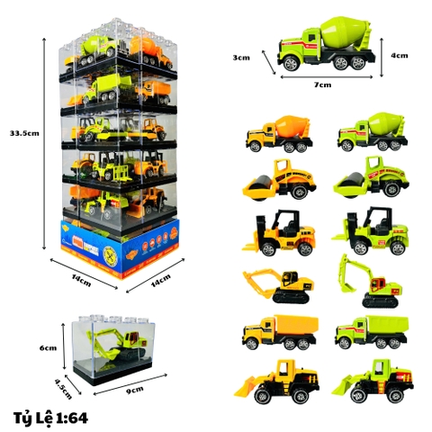 Xe Xây Dựng 1:64 siêu đẹp có bán ngẫu nhiên và theo lốc 24 xe - Xe Hợp Kim Xây Dựng -  Cao 33cm Ngang 14cm - Hộp Nhựa Trong