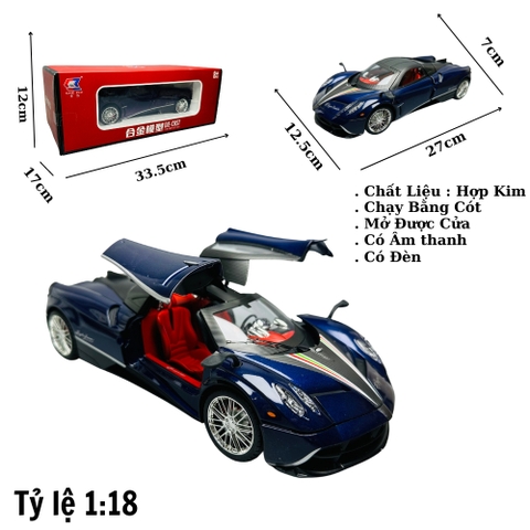 Mô Hình Xe pagani huayra 1:18 xanh đậm Hợp kim có thể mở cửa - bánh sau chạy cót - Có tiếng - đèn pha sáng - Dài 27cm - rộng 12.5cm - cao 7cm - nặng : 1000gram - FULL BOX : box màu SKU : oto126