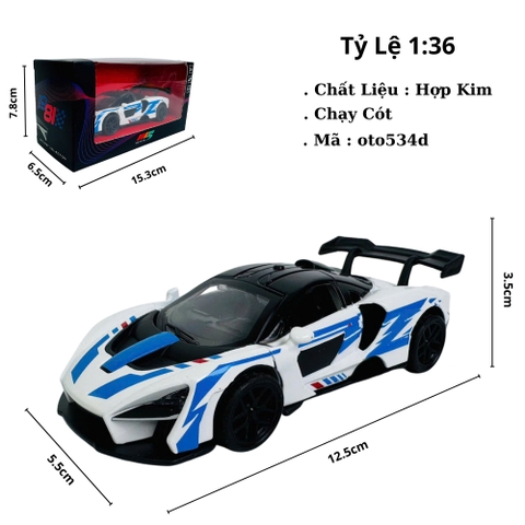 Mô Hình Xe Đua Trắng Vạch Xanh tỉ lệ 1:36 Hợp kim có thể mở cửa - bánh sau chạy cót - Dài 12.5cm - rộng 5.5cm - cao 3.5cm - nặng : 300gram - FULL BOX : box màu SKU : oto534d - K53-T3-S4