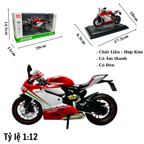 Mô Hình Xe máy ducati 1199 trắng đỏ 1:12 Hợp kim - Có tiếng - đèn pha sáng - Dài 17.5cm - rộng 6.5cm - cao 10cm - nặng ~ 700gram - FULL BOX : box màu SKU : oto150