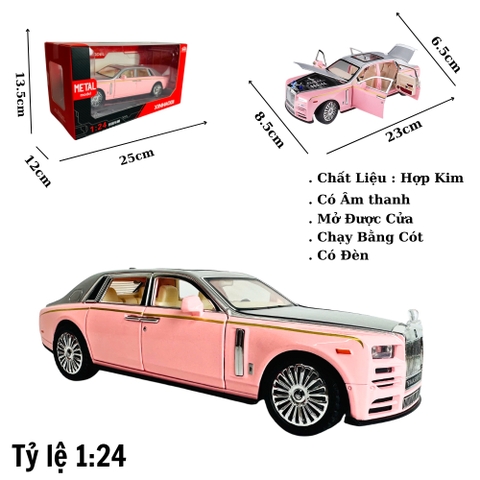 Mô Hình xe roll royce hồng tỉ lệ 1:24 Hợp kim có thể mở cửa - bánh sau chạy cót - Dài 23cm - cao 6.5cm - nặng 1000gram - Figure Oto - FULL BOX : box màu - SKU : oto405 - n3-k8-t4-s4