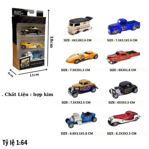 Mô Hình 1 Vỉ 3 Xe Oto Cổ , tỉ lệ 1:64 - Cao 18cm - rộng 4cm - ngang : 11cm - nặng : 400gram - box màu SKU : oto516 - 8850B