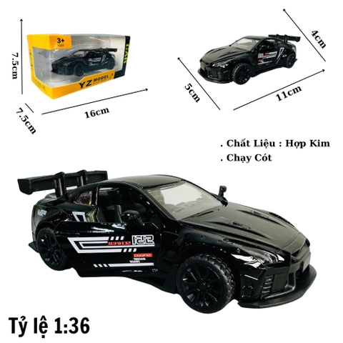 Mô Hình xe GTR Đen tỉ lệ 1:36 Hợp kim có thể mở cửa - bánh sau chạy cót - Dài 11cm - rộng 5cm - cao 5cm - nặng : 500gram - FULL BOX : box màu SKU : oto247