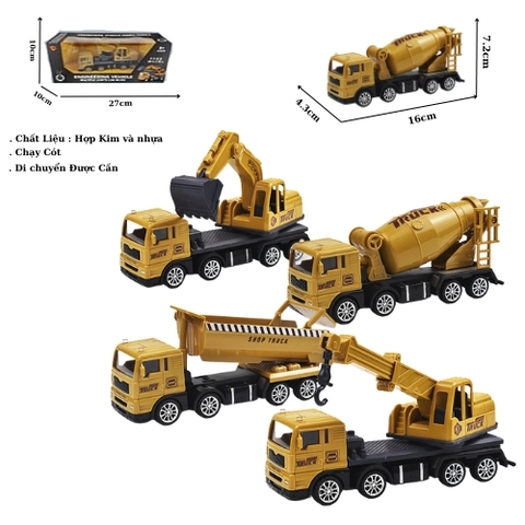 Mô Hình 4 loại  Xe Công Trình , chất liệu hợp kim và nhựa - Dài 16cm - rộng 4.3cm - cao 7.2cm - SKU : oto-YM702820