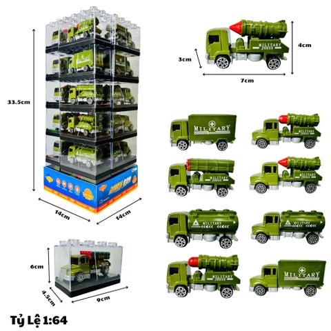 Xe Quân Sự 1:64 siêu đẹp có bán ngẫu nhiên và theo lốc 24 xe - Xe Hợp Kim Ô Tô Quân Sự -  Cao 33cm Ngang 14cm - Hộp Nhựa Trong