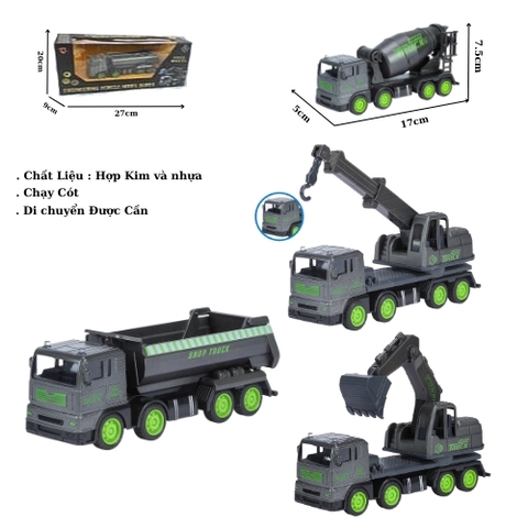 Mô Hình 4 loại Xe công trình xanh đen , chất liệu hợp kim và nhựa - Dài 17cm - rộng 5cm - cao 7.5cm - SKU : oto-YM702806