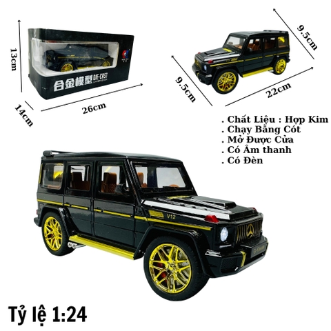 Mô Hình Xe G63 đen 1:24 Hợp kim có thể mở cửa - bánh sau chạy cót - Có tiếng - đèn pha sáng - Dài 22cm - rộng 9.5cm - cao 9.5cm - nặng ~ 1000gram - FULL BOX : box màu SKU : oto136