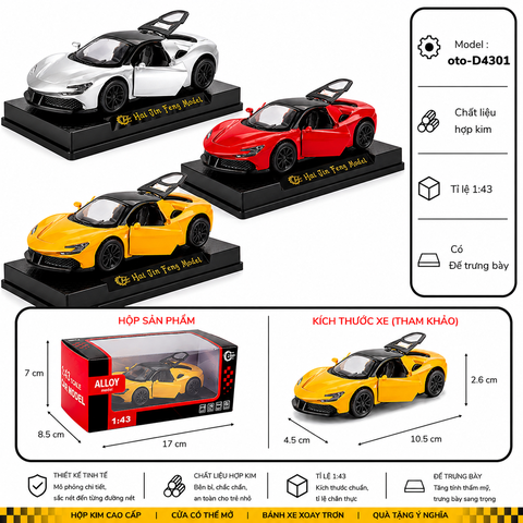 Mô Hình Xe Ferrari SF90 nhiều màu sắc tỉ lệ 1:43 chất liệu Hợp kim - FULL BOX : box màu SKU : oto-D4301 - (VAT: 003-01-35)