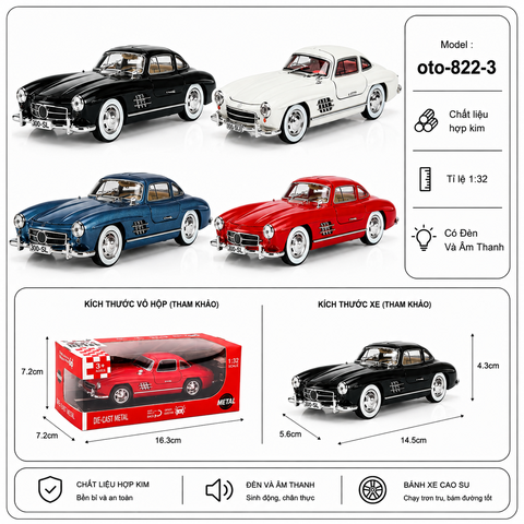 Mô Hình xe oto Mercedes-Benz 300 SL hợp kim , tỉ lệ 1:32 - Dài 14.5cm - rộng 5.6cm - cao 4.3cm - SKU : oto-822-3 - ( VAT : 103-01-70 )