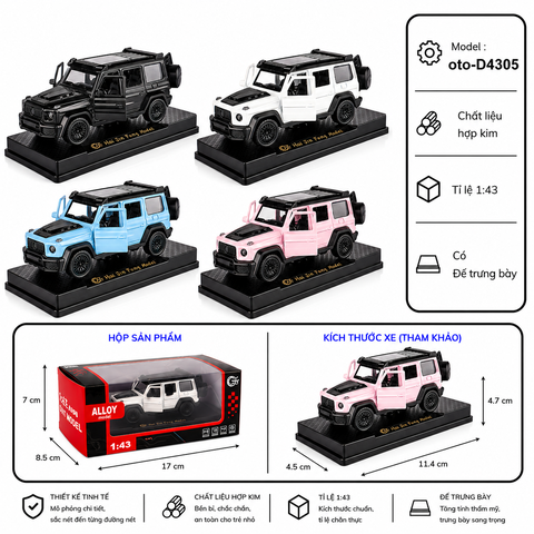 Mô Hình Xe Mẹc g63 gồm nhiều kiểu dáng tỉ lệ 1:43 . Chất liệu Hợp kim - FULL BOX : box màu SKU : oto-D4305 - (VAT: 003-01-35)