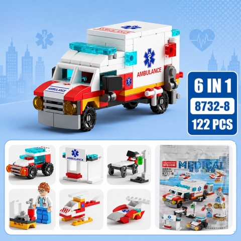 Bộ Lắp Ghép Xe Cứu Thương Quân Sự Mini 6in1 122pcs. SKU: LG-8732-8 - ( Vat : MH001-02 !!! ) - K107-T2-S2 - K2-T1-S10,11,12