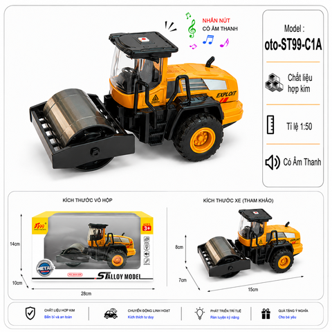 Mô Hình Công Trình Xe Lu , tỉ lệ 1:50 , chất liệu hợp kim và nhựa - Dài 15cm - rộng 7cm - cao 8cm - SKU : oto-ST99-C1A ( VAT : 103-02-50 ) - K32-T3-S9-10