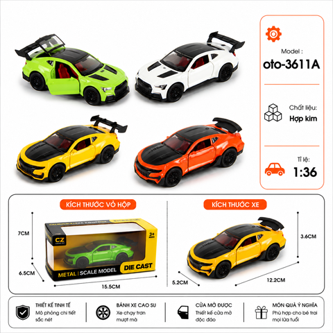 Xe thể thao nhiều màu sắc  , chất liệu hợp kim , tỉ lệ 1:36 - SKU : oto-3611A ( Vat : 103-01-35 )