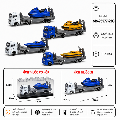 Xe chở thuyền cứu hộ , chất liệu hợp kim , có hộp meca trưng bày , tỉ lệ 1:64 - SKU : oto-95577-22G - ( VAT : 103-01-25 )