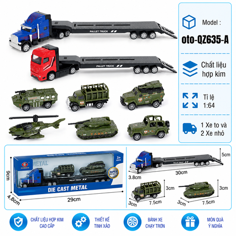 Mô Hình xe container chở xe quân sự , tỉ lệ 1:64, chất liệu hợp kim và nhựa - Dài 29cm - rộng 4.8cm  - cao 9cm - SKU : oto-QZ635-A -( Vat : 103-01-35 ) - K32-T2-S3-4