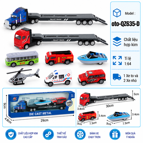 Mô Hình xe container chở xe con và máy bay trực thăng ( Ngẫu Nhiên ) , tỉ lệ 1:64, chất liệu hợp kim và nhựa - Dài 29cm - rộng 4.8cm  - cao 9cm - SKU : oto-QZ635-D - ( Vat : 103-01-35 )