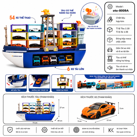 Bộ tàu chở hàng cao cấp Có còi hú và âm thanh . Gồm 54 xe thể thao tỉ lệ 1:36 và 6 xe tải lớn - Sku : oto-8009A ( VAT : 103-99-2700 )