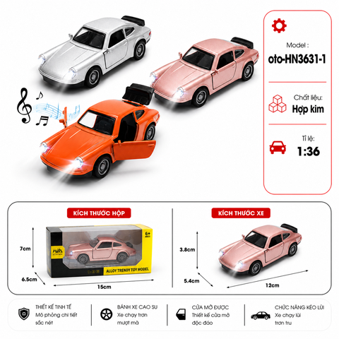 Xe thể thao nhiều kiểu dáng ( Có Đèn , Có Nhạc ) . Chất liệu hợp kim , tỉ lệ 1:36 - SKU : oto-HN3631-1 - ( VAT : 103-01-35 )