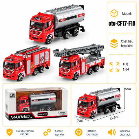 Mô Hình 3 Oto Cứu Hoả hợp kim , tỉ lệ 1:64 - Dài 12cm - rộng 3.5cm - cao 5cm- SKU : oto-CF17-F10 - ( Vat : 103-15-15 )