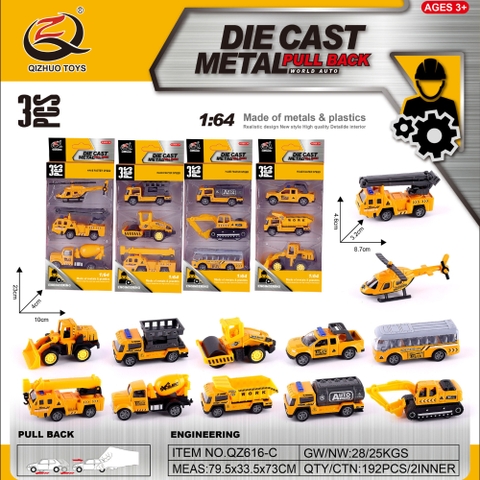 Bộ 3 xe phương tiện công trình xây dựng hợp kim , tỉ lệ 1:64 - Dài 8.7cm - rộng 3.2cm - cao 4.6cm- SKU : oto-QZ616-C - ( Vat : 003-03-30 )