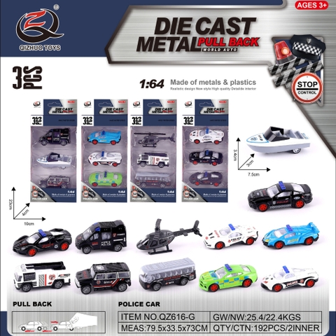 Vỉ 3 xe cảnh sát hợp kim , tỉ lệ 1:64 - Dài 8.7cm - rộng 3.2cm - cao 4.6cm - SKU : oto-QZ616-G - ( Vat : 003-03-30 )