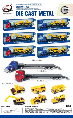 Mô Hình xe container chở xe xây dựng , tỉ lệ 1:64, chất liệu hợp kim và nhựa - Dài 29cm - rộng 4.8cm - cao 9cm - SKU : oto-QZ635-C -( Vat : 003-01-35 ) - T4