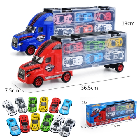 Mô Hình xe container chở xe 2 màu Đỏ Xanh - SKU : oto-YM225366 ( VAT 003-01-50 )