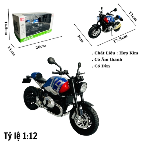 Mô Hình xe máy Motor BMW R9T xanh đỏ 719 1:12 Hợp kim - Dài 17.5cm - rộng 7cm - cao 11cm - nặng ~ 700gram - FULL BOX : box màu SKU : oto385-( VAT : 003-95 )- K66-T3-S4