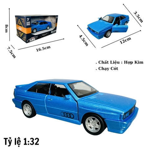 Mô Hình xe Audi Quattro 1980 xanh tỉ lệ 1:32 Hợp kim có thể mở cửa - bánh sau chạy cót - Dài 12cm - rộng 4.5cm - cao 3.5cm - nặng : 300gram - FULL BOX : box màu SKU : oto449 - K70-T4-S6