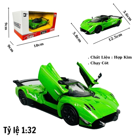 Mô Hình xe pagani xanh lá tỉ lệ 1:32 Hợp kim có thể mở cửa - bánh sau chạy cót - Dài 12.5cm - rộng 5.8cm - cao 3.6cm - nặng : 500gram - FULL BOX : box màu SKU : oto453 - K70-T3-S6
