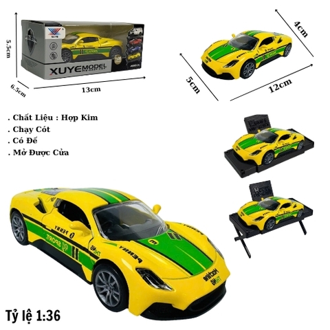 Mô Hình Oto ferari vàng vạch xanh . tỉ lệ 1:36 - Chạy Cót - Có Kèm Đế - Dài 12cm - rộng 5cm - cao 4cm  - nặng : 400gram - FULL BOX . SKU : oto522a - K114A81 - K52-T3-S7