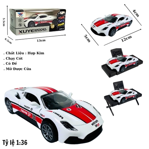 Mô Hình Oto ferari Trắng vạch Đỏ . tỉ lệ 1:36 - Chạy Cót - Có Kèm Đế - Dài 12cm - rộng 5cm - cao 4cm  - nặng : 400gram - FULL BOX . SKU : oto522c - K114A81 - K52-T3-S9