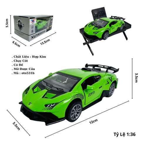 Mô Hình Xe lamboghini Xanh Lá tỉ lệ 1:36 Hợp kim có thể mở cửa - bánh sau chạy cót - Dài 12.5cm - rộng 5.5cm - cao 3.5cm - nặng : 300gram - FULL BOX : box màu SKU : oto531b - K52-T1-S2