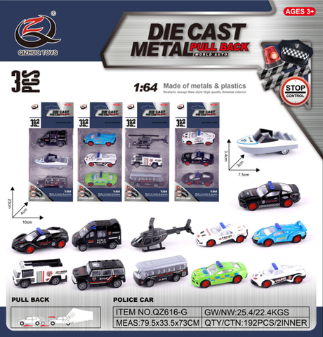 Vỉ 3 xe cảnh sát hợp kim , tỉ lệ 1:64 - Dài 8.7cm - rộng 3.2cm - cao 4.6cm - SKU : oto-QZ616-G - ( Vat : 003-03-30 )