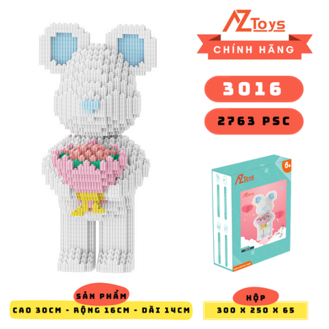 MÃ 3016 - Bearbrick Trắng Ôm Hoa 30cm - Sỉ Lẻ 65k - Sỉ thùng 57k - Thùng 24 con Lego - Ship từ kho Hà Nội