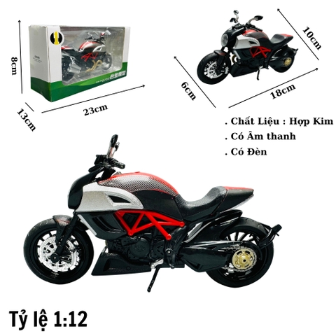 Mô Hình Xe Ducati Diavel V4 xám đen 1:12 Hợp kim - Có tiếng - đèn pha sáng - Dài 18cm - rộng 6cm - cao 10cm - nặng ~ 700gram - FULL BOX : box màu SKU : oto153