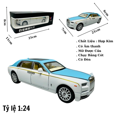 Mô Hình Xe Roll royce trắng xanh 1.24 Hợp kim có thể mở cửa - bánh sau chạy cót - Có tiếng - đèn pha sáng - Dài 21cm - rộng 7cm - cao 6cm - nặng ~ 1000gram - FULL BOX : box màu SKU : oto173 - (VAT: 003-01-180) - K64-T4-S5