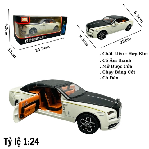 Mô Hình Xe Roll royce trắng 1.24 Hợp kim có thể mở cửa - bánh sau chạy cót - Có tiếng - đèn pha sáng - Dài 22cm - rộng 9.5cm - cao 6.5cm - nặng ~ 1200gram - FULL BOX : box màu SKU : oto168