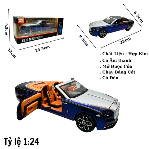 Mô Hình Xe Roll royce xanh 1.24 Hợp kim có thể mở cửa - bánh sau chạy cót - Có tiếng - đèn pha sáng - Dài 22cm - rộng 9.5cm - cao 6.5cm - nặng ~ 1200gram - FULL BOX : box màu SKU : oto166 - (VAT: 003-01-180) - K65-T5-S8