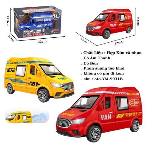 Mô Hình xe tải VAN phun khói nhiều màu sắc . Có âm thanh - Dài 18cm - rộng 8.5cm - cao 9.5cm - FULL BOX : box màu SKU : oto-YM-9931B - ( Vat : DC00 )