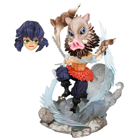 Mô Hình Kimetsu No Yaiba Inosuke chibi chiến đấu - Cao 10cm - nặng 130gram - Phụ kiện : 2 đầu thay thế + 2 kiếm - Figure Thanh gươm diệt quỷ - Có Vỏ Hộp màu - K2 - T3 - S12