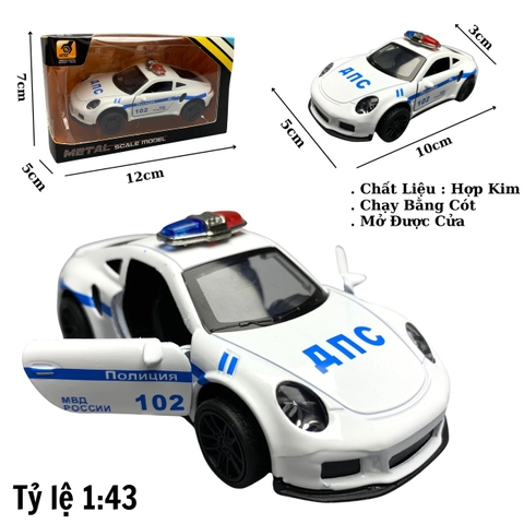 Mô Hình xe police Porsche 911 trắng tỉ lệ 1:43 Hợp kim có thể mở cửa - bánh sau chạy cót - Dài 10cm - cao 3cm - nặng 200gram - Figure Oto - FULL BOX : box màu