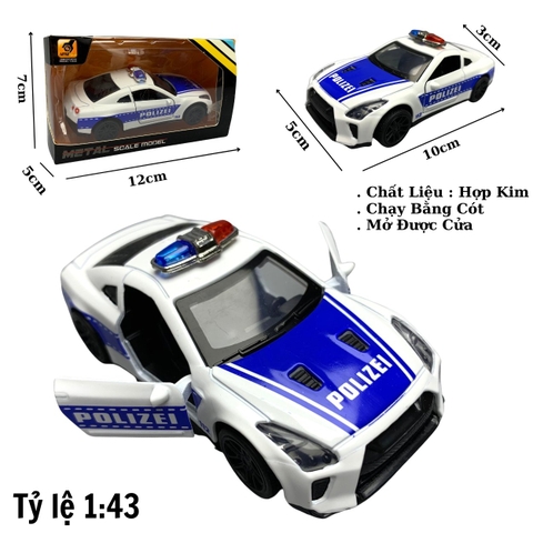 Mô Hình xe NISSAN police  GTR tỉ lệ 1:43 Hợp kim có thể mở cửa - bánh sau chạy cót - Dài 10cm - cao 3cm - nặng 200gram - Figure Oto - FULL BOX : box màu