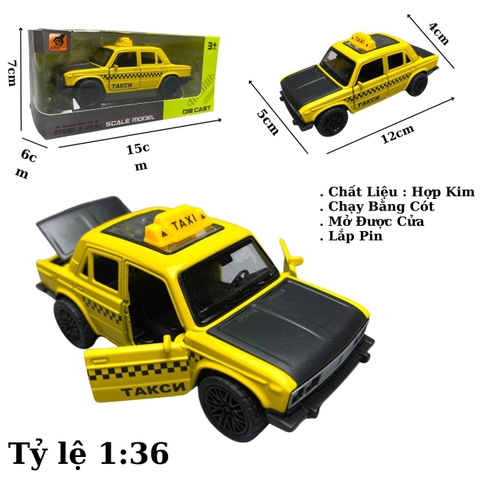 Mô Hình xe Taxi Bản B - tỉ lệ 1:36 Hợp kim có thể mở cửa , Có âm thanh và đèn - bánh sau chạy cót  - Dài 12cm - rộng 5cm - cao 4,5cm nặng : 200gram - FULL BOX : box màu