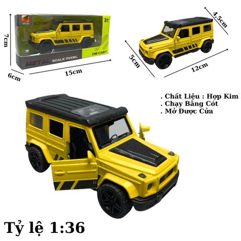 Mô Hình xe Mẹc G63 màu vàng - tỉ lệ 1:36 Hợp kim có thể mở cửa - bánh sau chạy cót - Dài 12cm - rộng 5cm - cao 5cm nặng : 200gram - FULL BOX : box màu