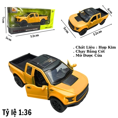 Mô Hình xe FORD F150 RAPTOR màu vàng - tỉ lệ 1:36 Hợp kim có thể mở cửa - bánh sau chạy cót - Dài 12cm - rộng 5cm - cao 4cm nặng : 200gram - FULL BOX : box màu