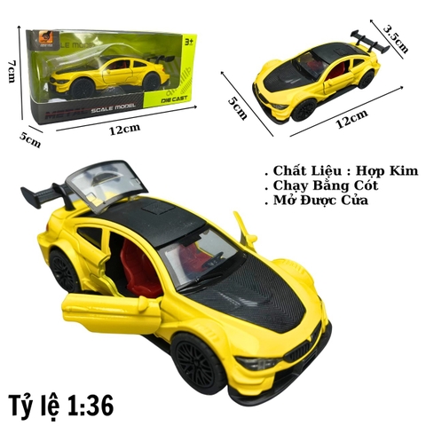 Mô Hình xe BMW sport màu vàng - tỉ lệ 1:36 Hợp kim có thể mở cửa - bánh sau chạy cót - Dài 12cm - rộng 5cm - cao 3.5cm - nặng : 200gram - FULL BOX : box màu