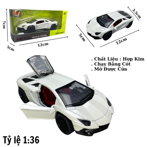 Mô Hình xe Lamborghini màu trắng - tỉ lệ 1:36 Hợp kim có thể mở cửa - bánh sau chạy cót - Dài 12cm - rộng 5cm - cao 3.5cm - nặng : 200gram - FULL BOX : box màu
